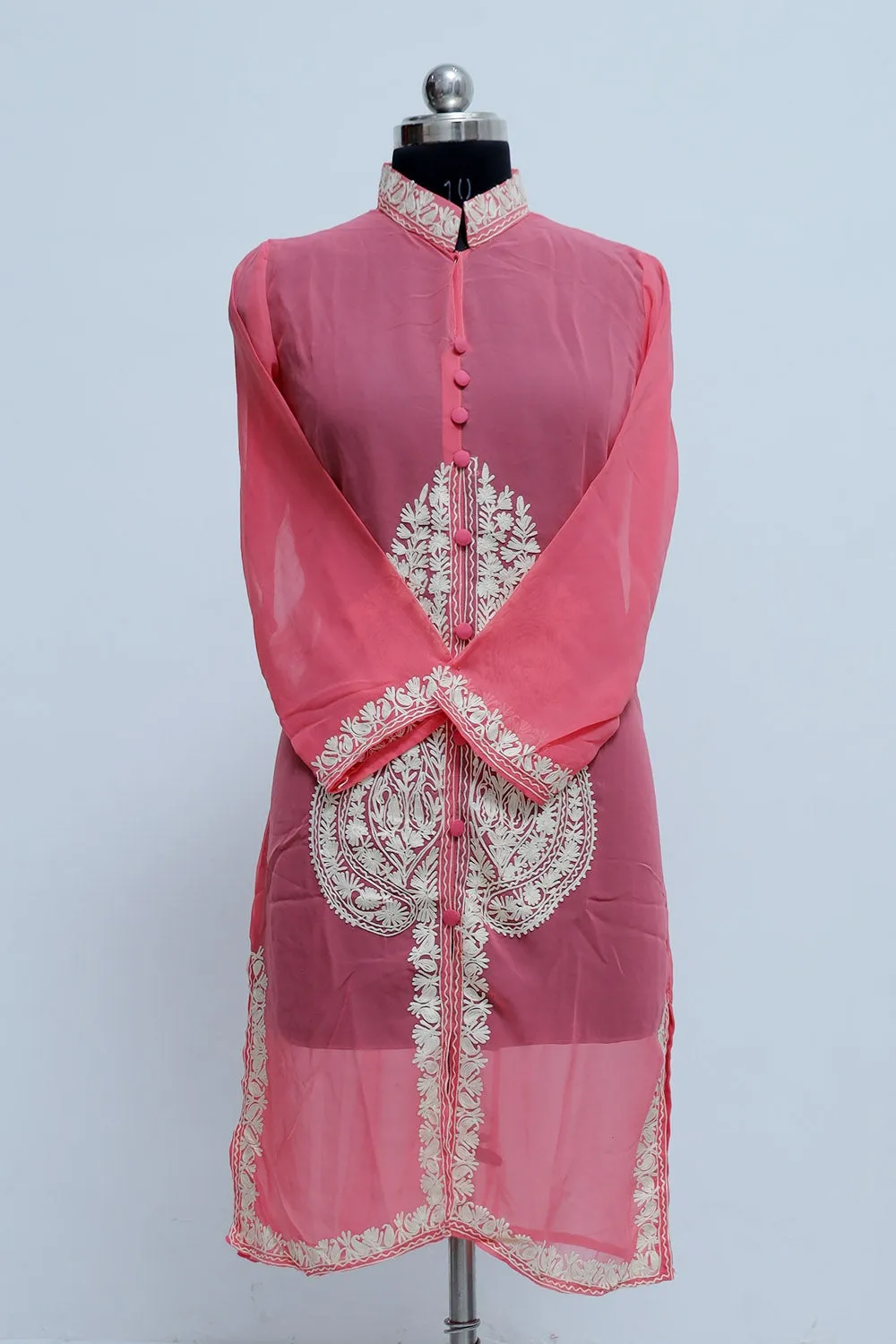 Alluring Pink Colour Georgette Kashmiri Aari Work Designer Tunics