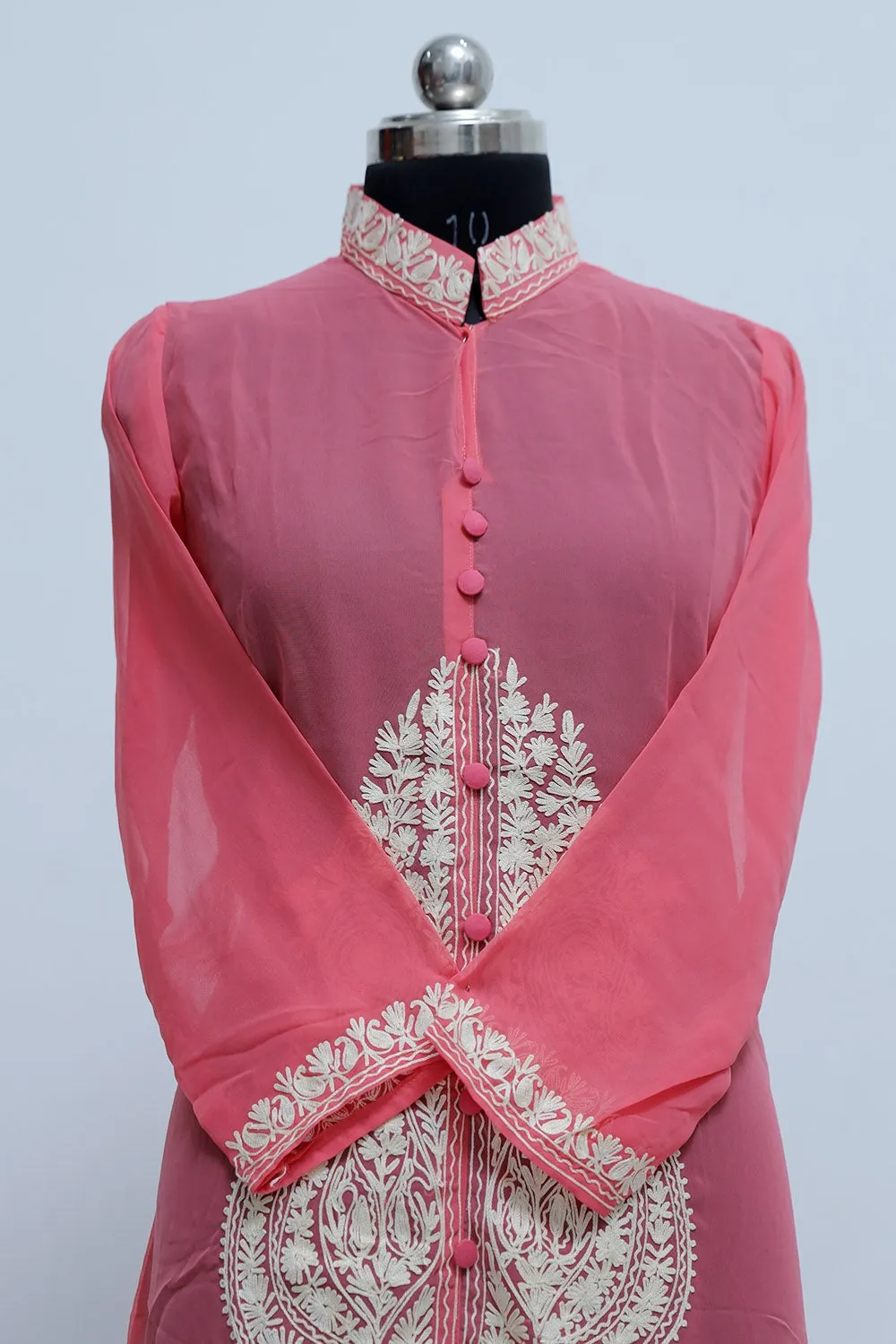 Alluring Pink Colour Georgette Kashmiri Aari Work Designer Tunics