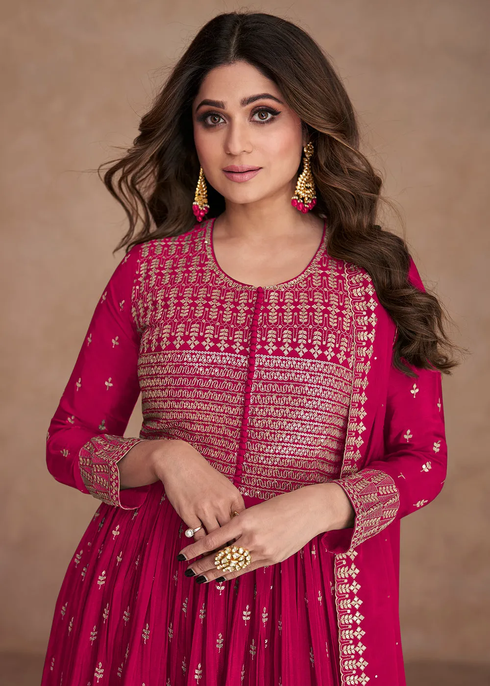 Festive Look Alluring Pink Zari Embroidered Palazzo Suit