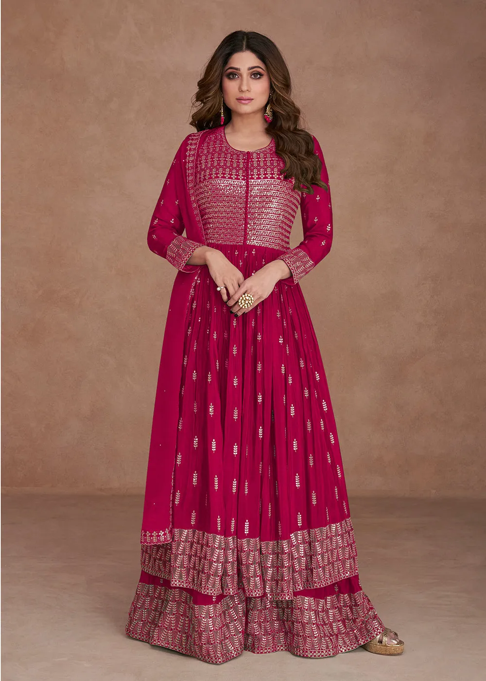 Festive Look Alluring Pink Zari Embroidered Palazzo Suit
