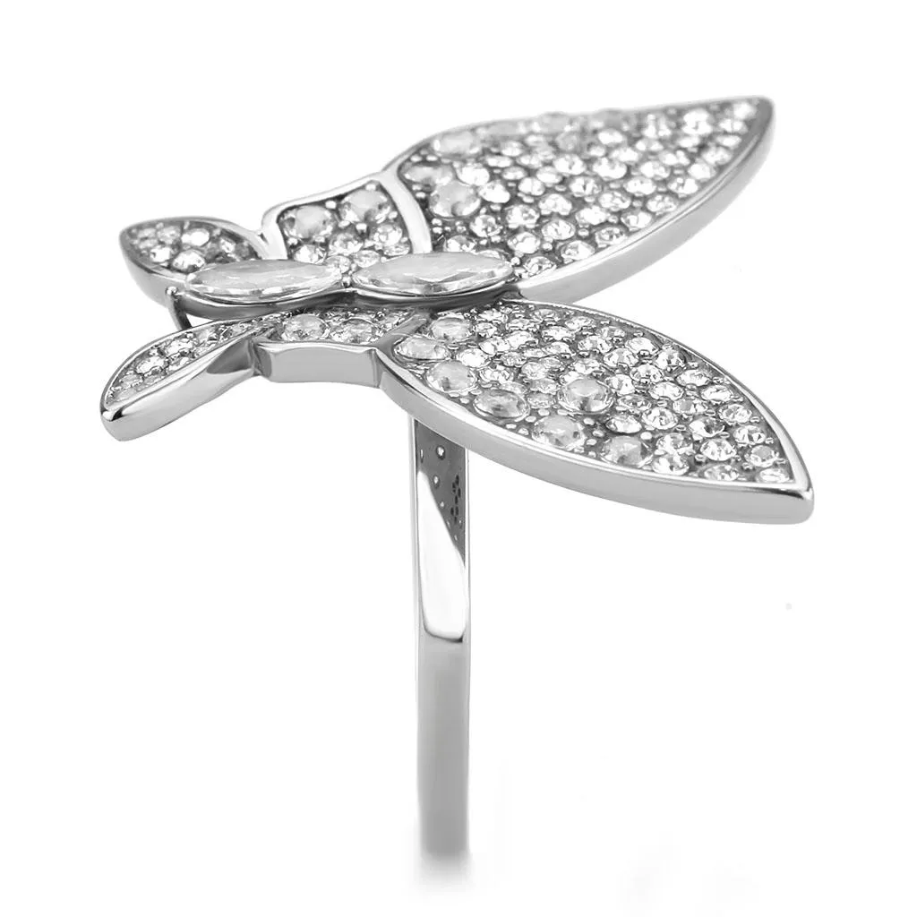 High polished (no plating) Stainless Steel Ring with AAA Grade CZ in Clear for Women Style DA365