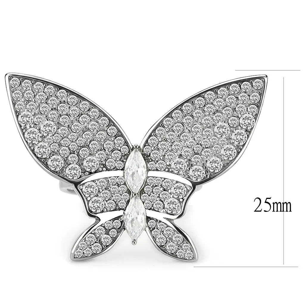 High polished (no plating) Stainless Steel Ring with AAA Grade CZ in Clear for Women Style DA365