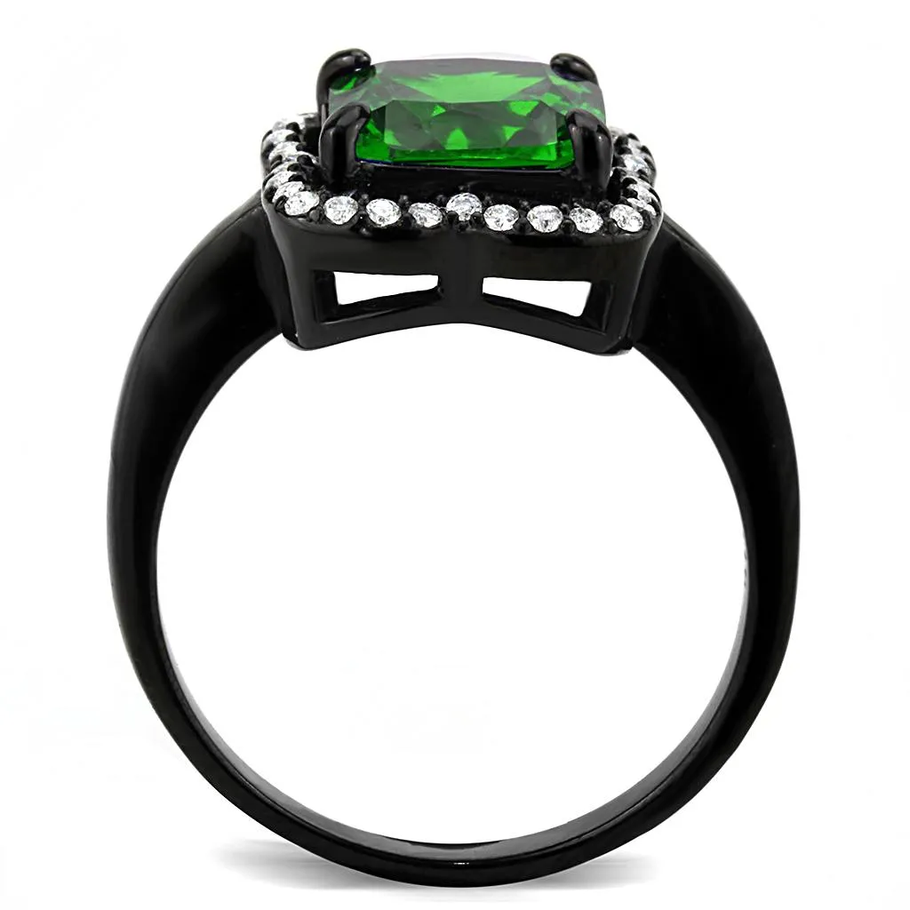 IP Black(Ion Plating) Stainless Steel Ring with AAA Grade CZ in Emerald for Women Style DA029