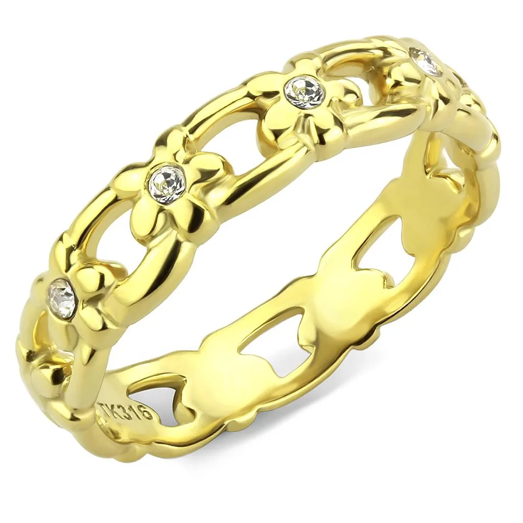 IP Gold(Ion Plating) Stainless Steel Ring with Top Grade Crystal in Clear for Women Style TK3629