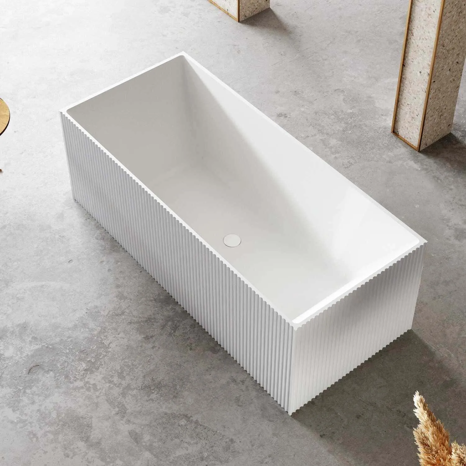 KYLA 1700mm V-Groove Fluted Square Back To Wall Freestanding Bathtub Gloss White
