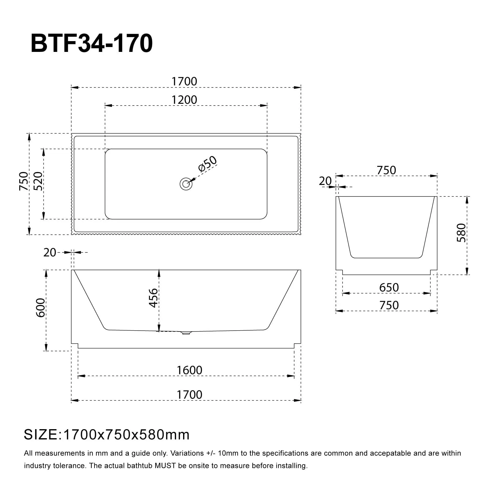 KYLA 1700mm V-Groove Fluted Square Back To Wall Freestanding Bathtub Gloss White