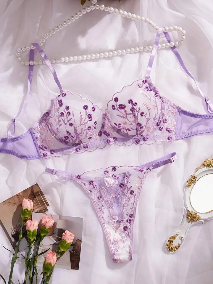 Purple Women’s Lingerie Set Sheer Floral Embroidery