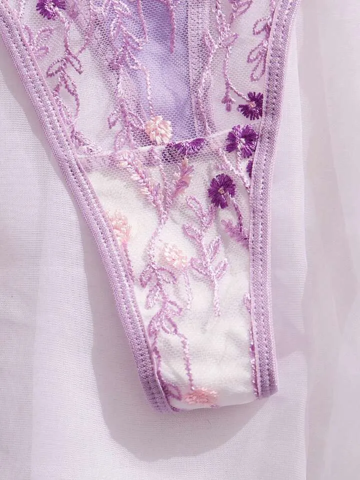 Purple Women’s Lingerie Set Sheer Floral Embroidery