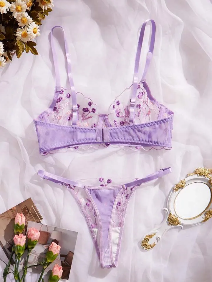 Purple Women’s Lingerie Set Sheer Floral Embroidery