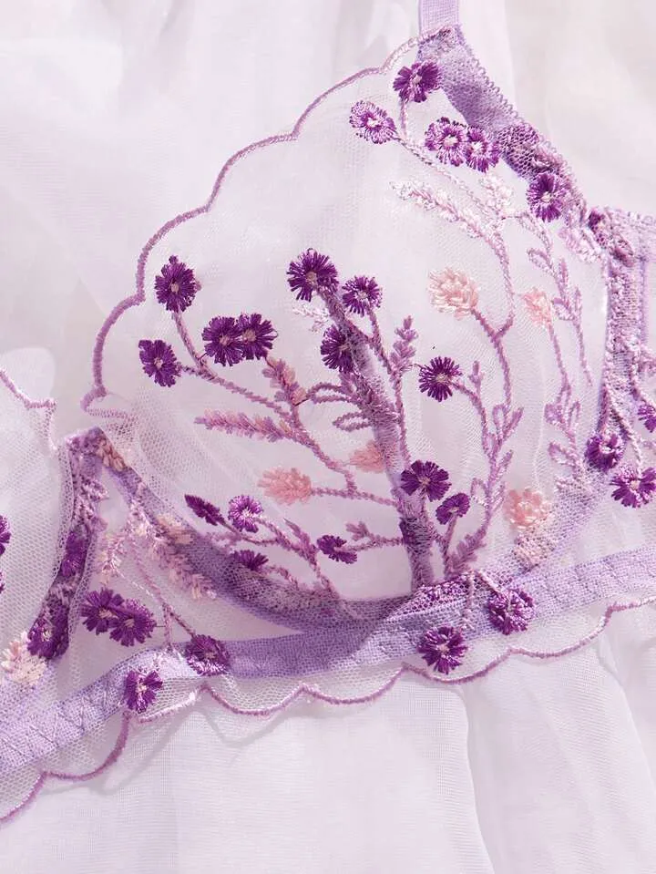 Purple Women’s Lingerie Set Sheer Floral Embroidery