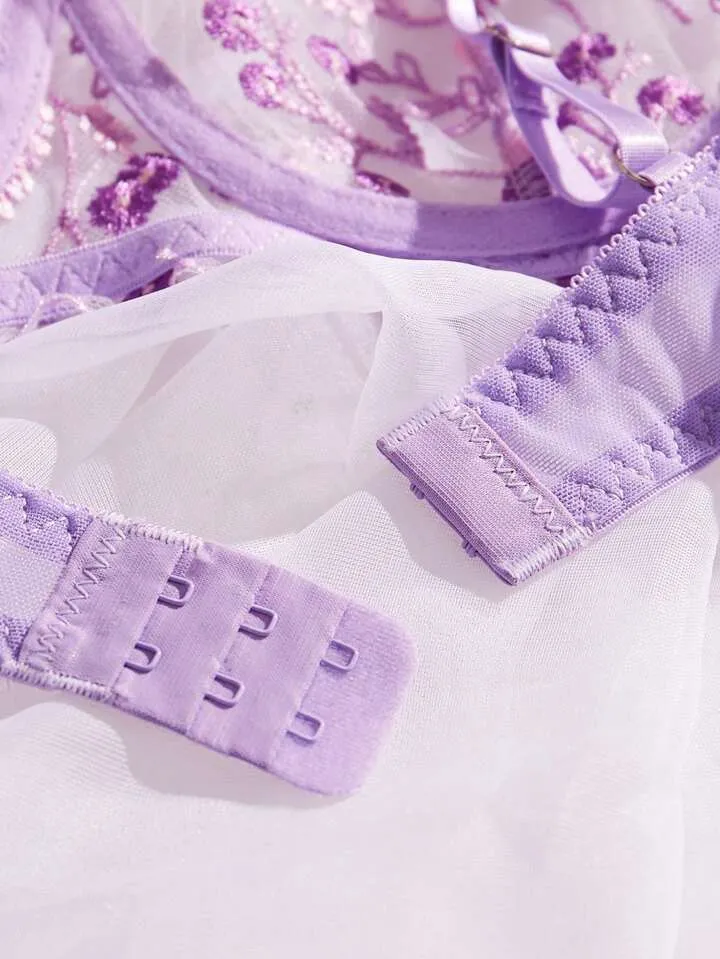 Purple Women’s Lingerie Set Sheer Floral Embroidery
