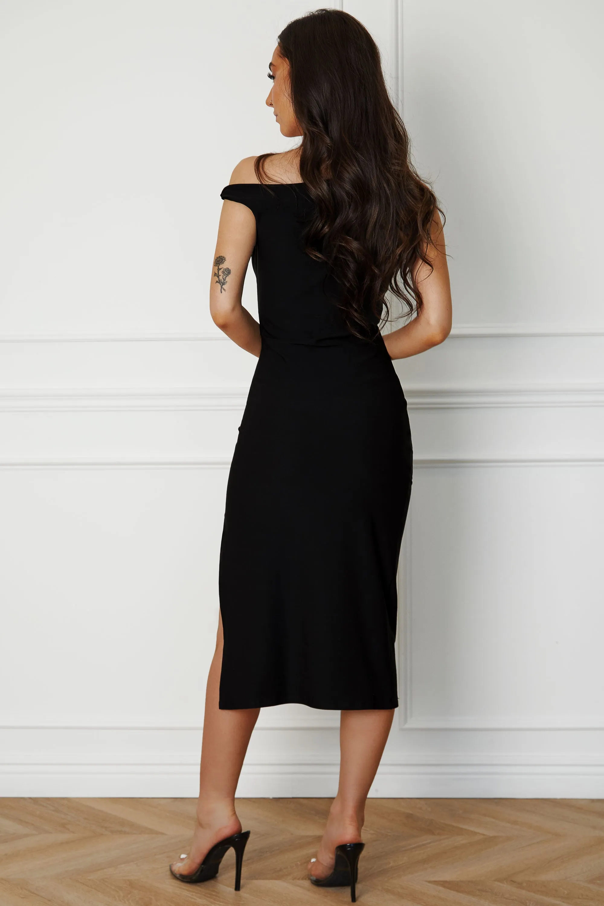 Roberta Black Slit Midi Dress
