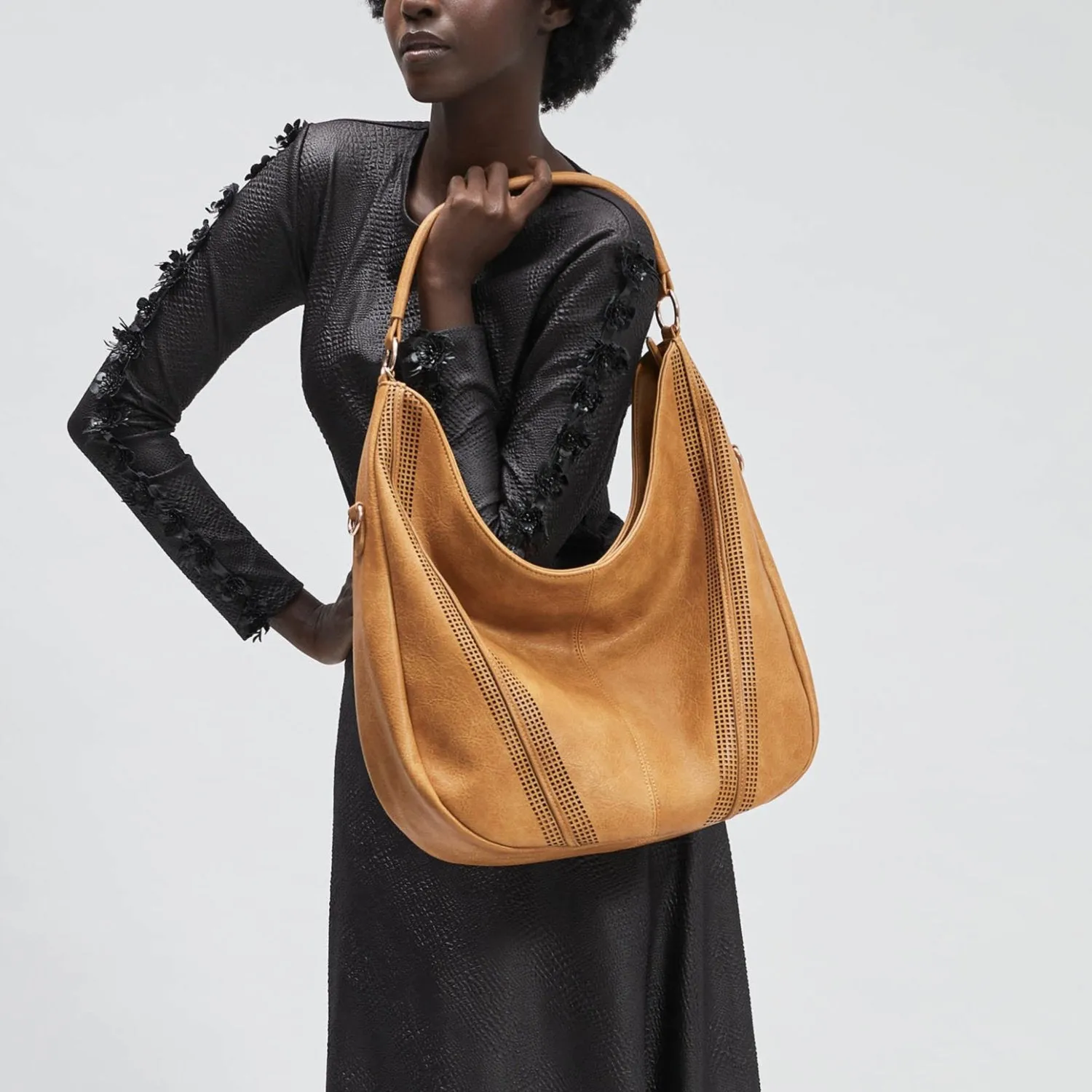 SAVANNAH Perforated Vegan Hobo Bag in Cognac