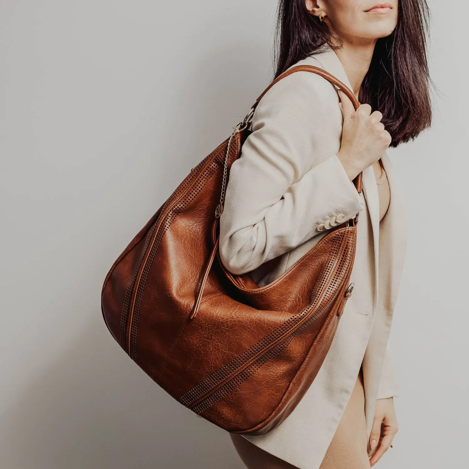 SAVANNAH Perforated Vegan Hobo Bag in Cognac