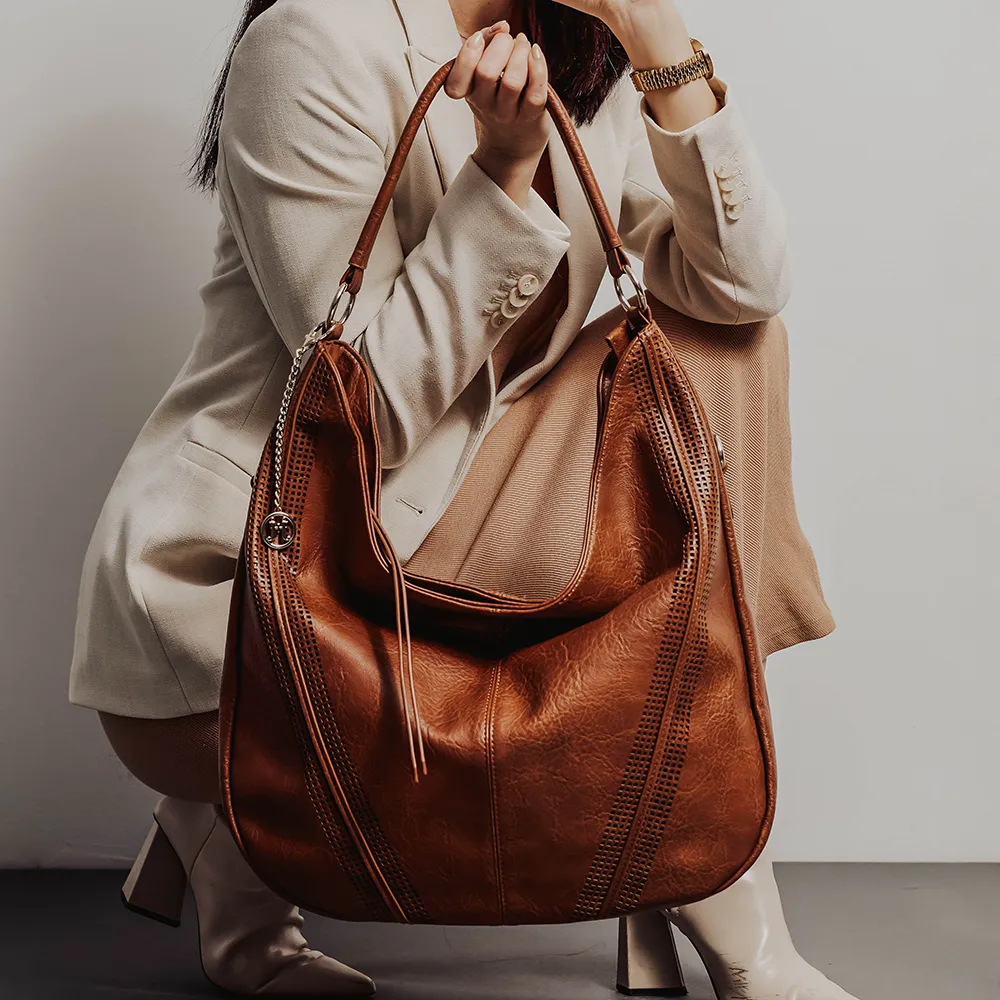 SAVANNAH Perforated Vegan Hobo Bag in Cognac