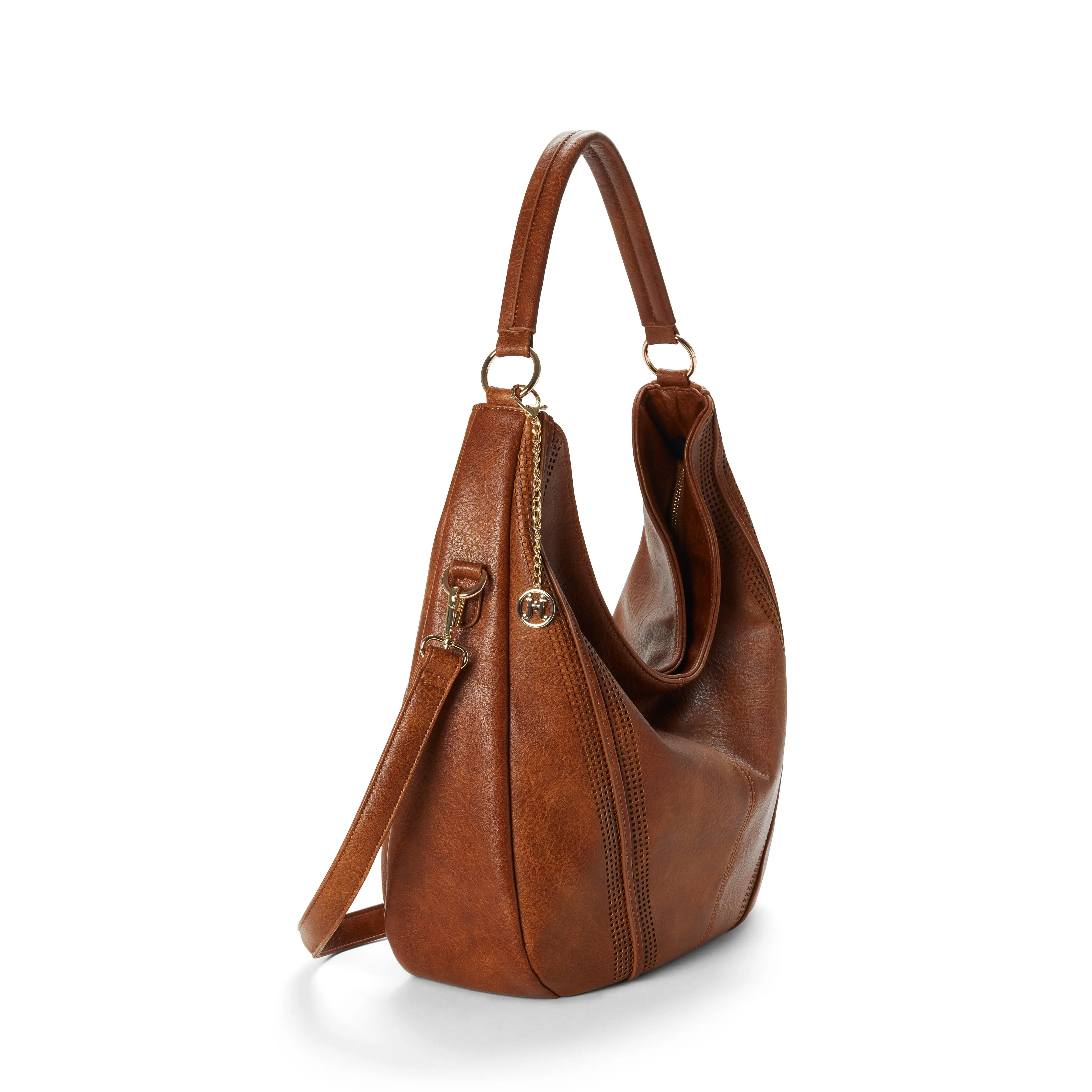 SAVANNAH Perforated Vegan Hobo Bag in Cognac