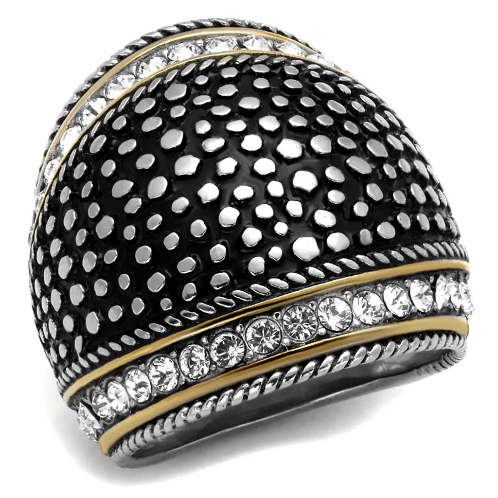 Two-Tone IP Gold (Ion Plating) Stainless Steel Ring with Top Grade Crystal in Clear for Women Style TK2369