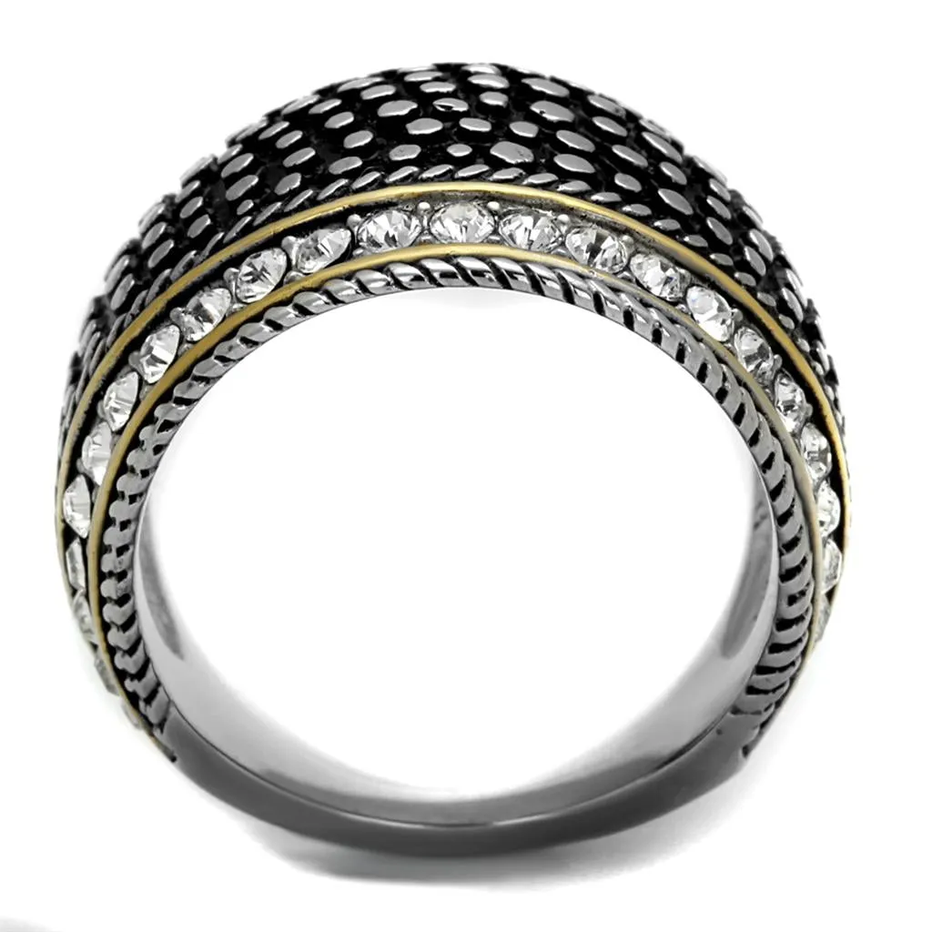 Two-Tone IP Gold (Ion Plating) Stainless Steel Ring with Top Grade Crystal in Clear for Women Style TK2369