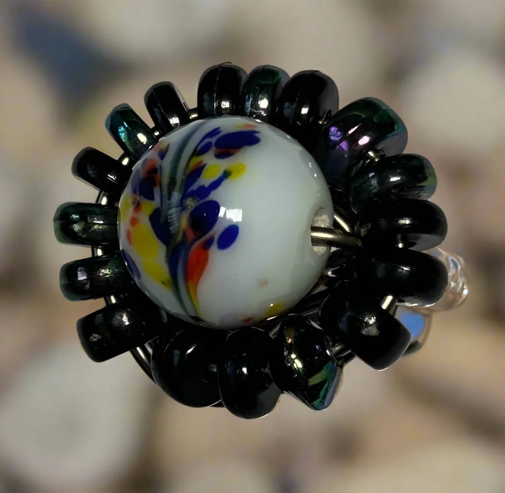 White Artistic Floral Glass Bead Ring