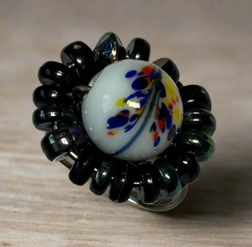 White Artistic Floral Glass Bead Ring